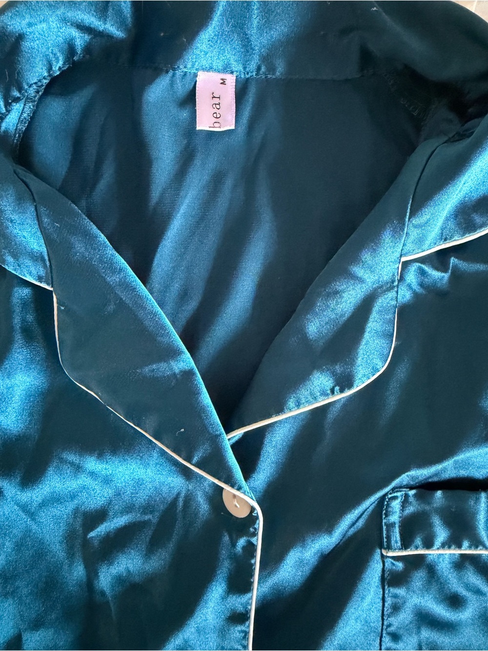 Silk Teal Short Sleeve Pajama Set with White Details - Picture 4 of 8